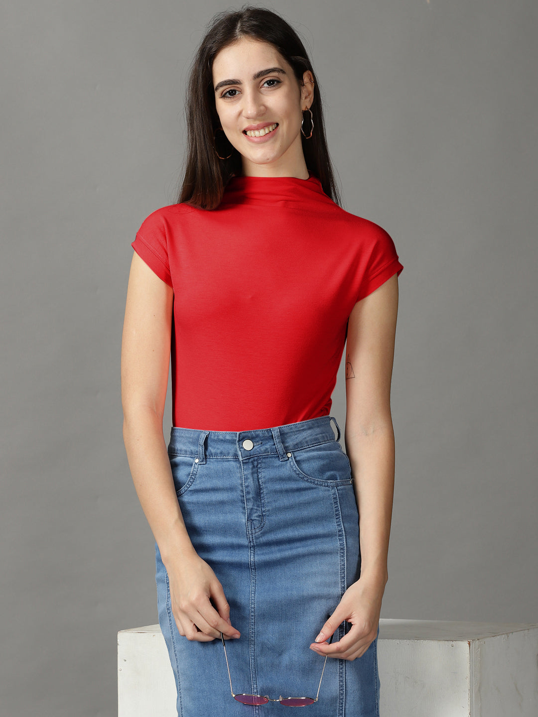 Women Casual Solid Red High Neck Top