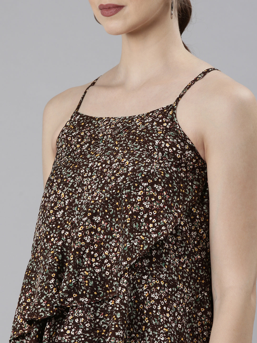 Women Brown Floral Tiered Top