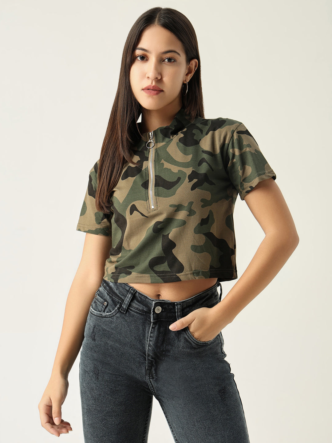 Women Graphic Olive Crop T Shirt