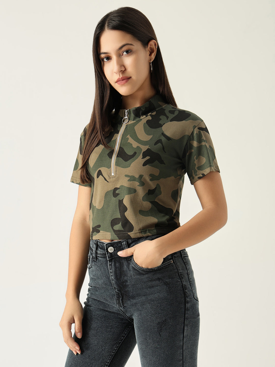 Women Graphic Olive Crop T Shirt