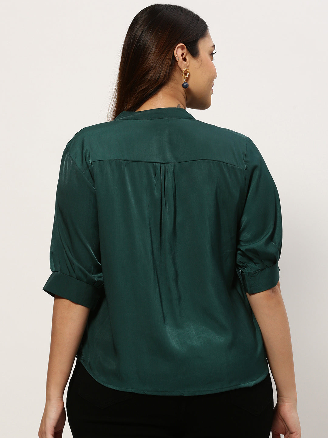 Women's Mandarin Collar Solid Green Top