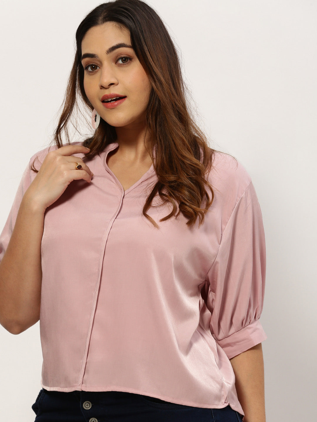 Women's Mandarin Collar Solid Pink Top