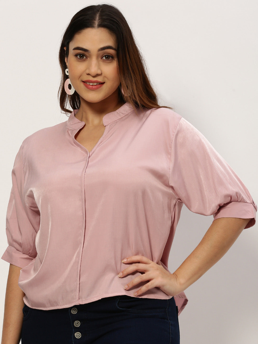 Women's Mandarin Collar Solid Pink Top