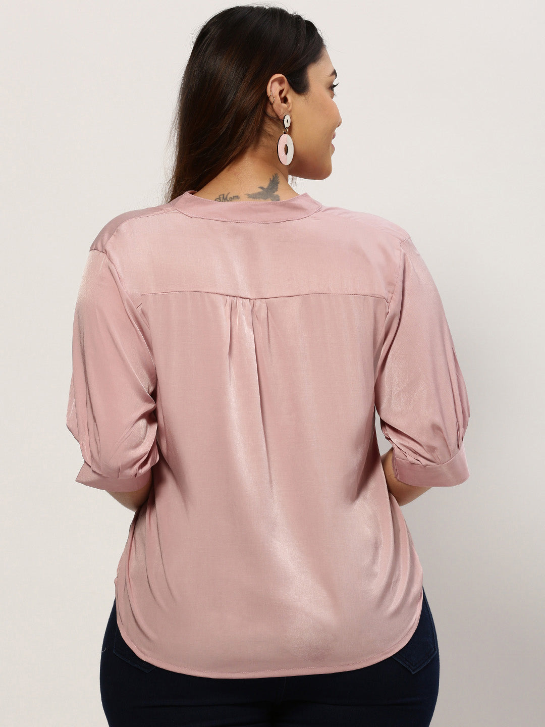 Women's Mandarin Collar Solid Pink Top