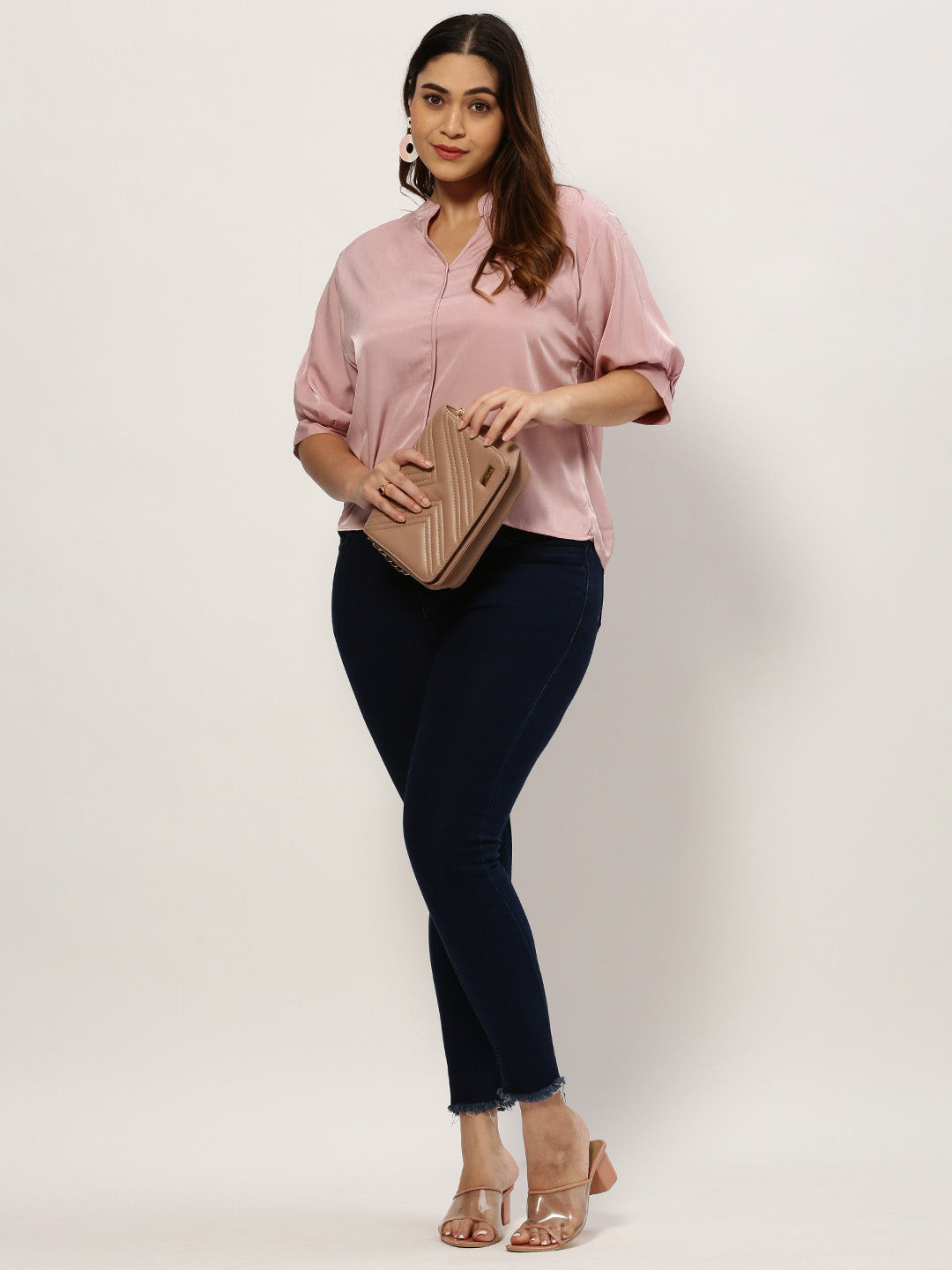 Women's Mandarin Collar Solid Pink Top