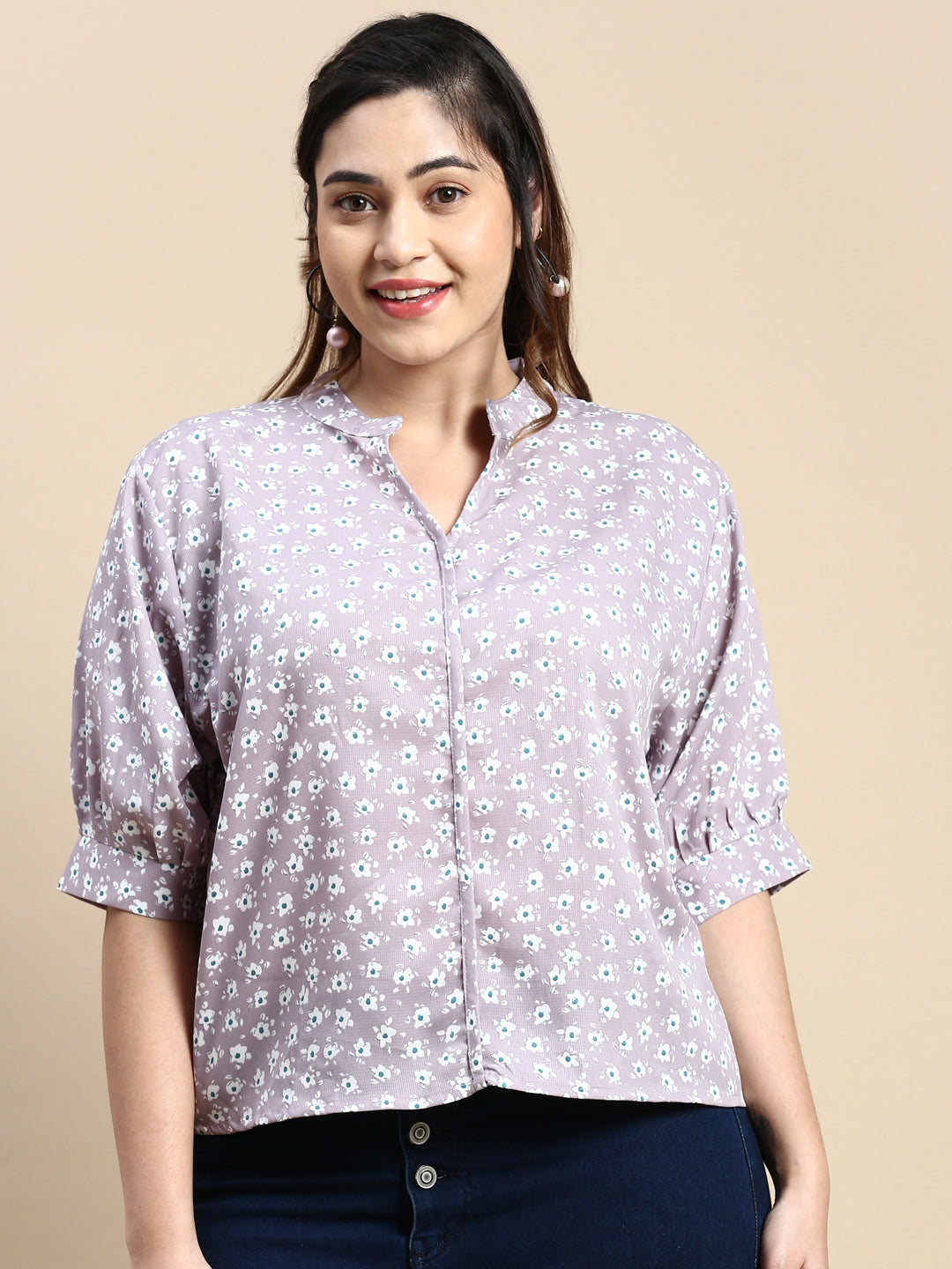 Women Mandarin Collar Floral Lavender Top