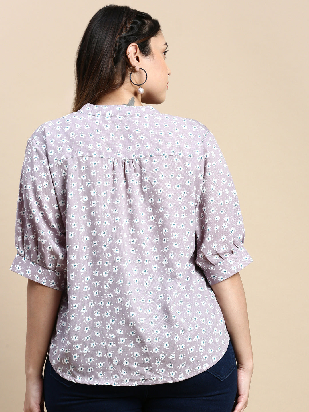 Women Mandarin Collar Floral Lavender Top