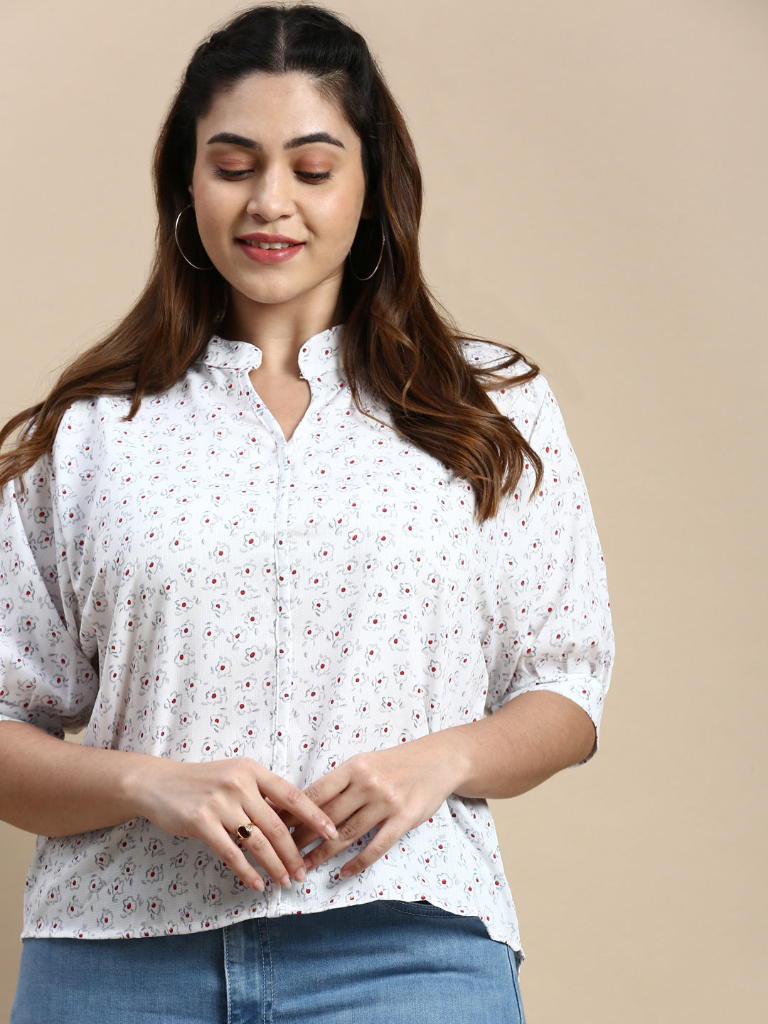 Women Mandarin Collar Floral White Top