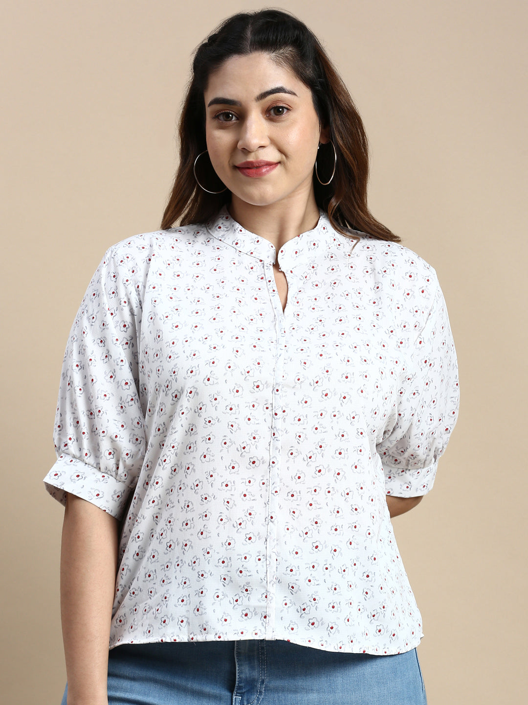 Women Mandarin Collar Floral White Top