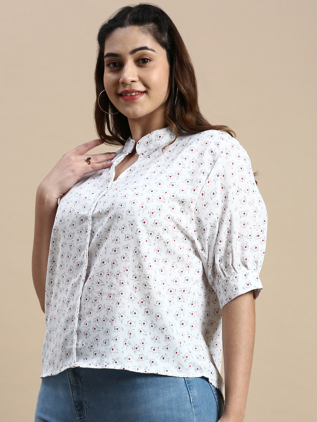 Women Mandarin Collar Floral White Top