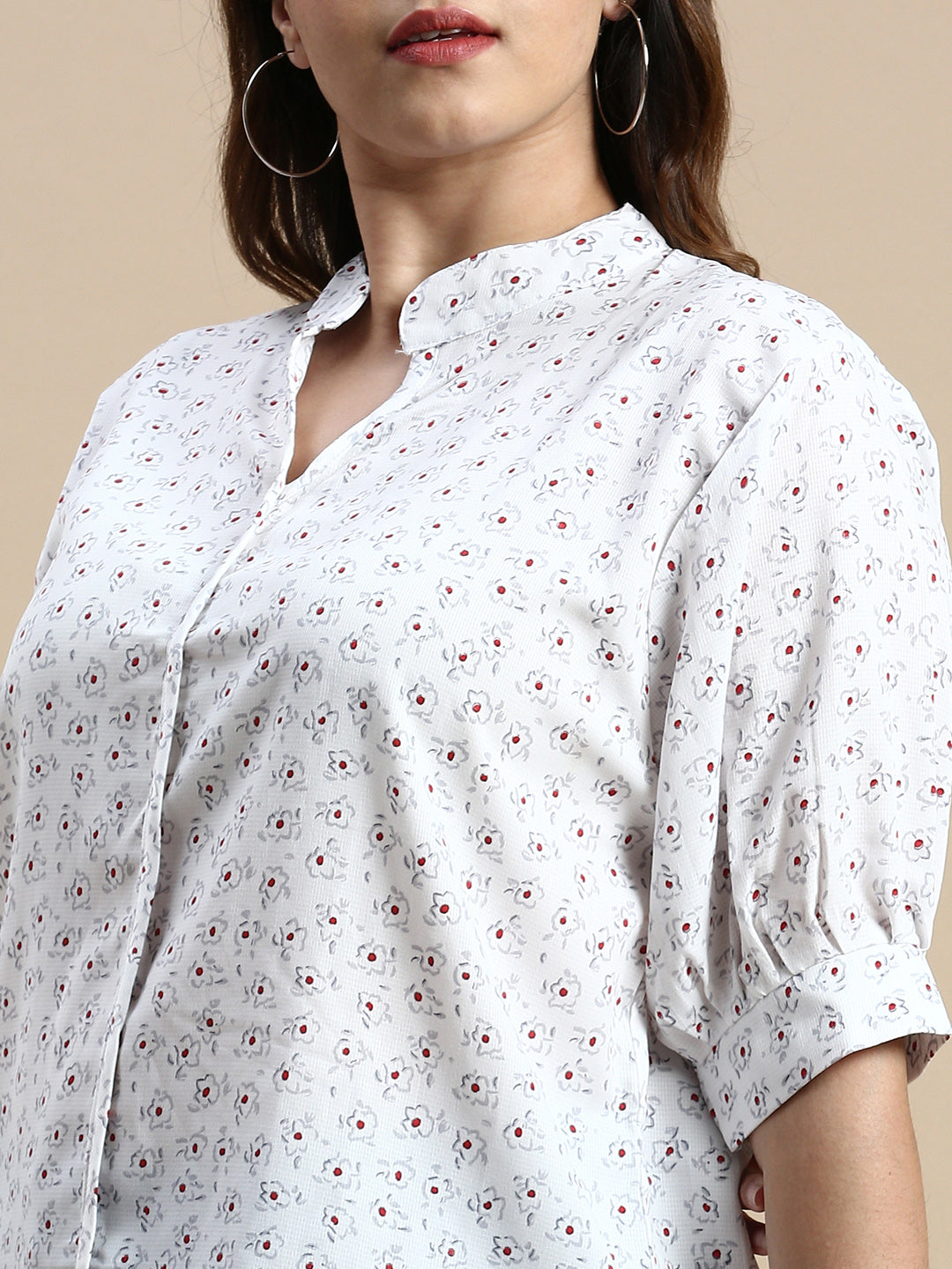 Women Mandarin Collar Floral White Top