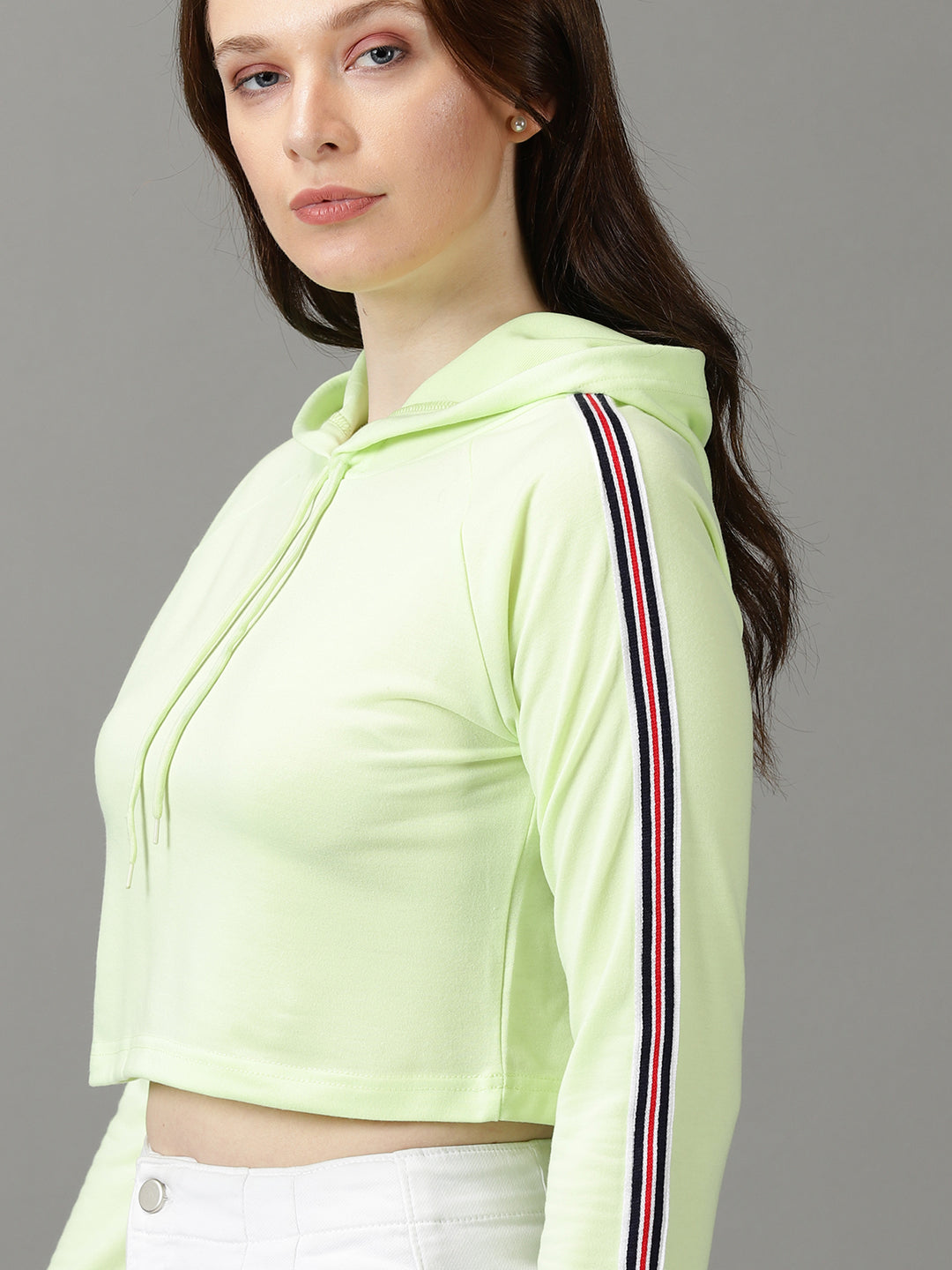 Women Hooded Lime Green Solid Pullover