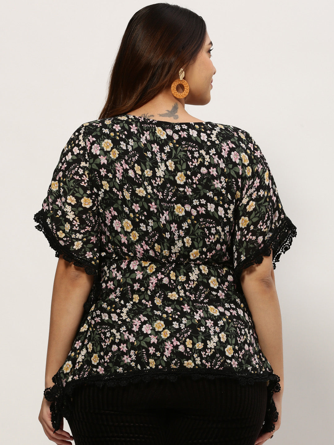 Women Floral Black Top