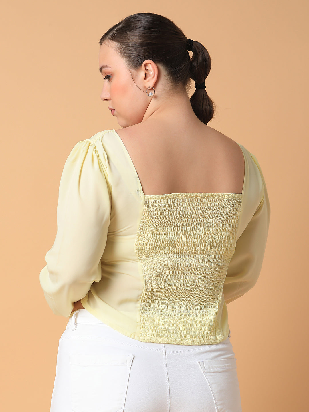 Women Solid Yellow Smocking Top