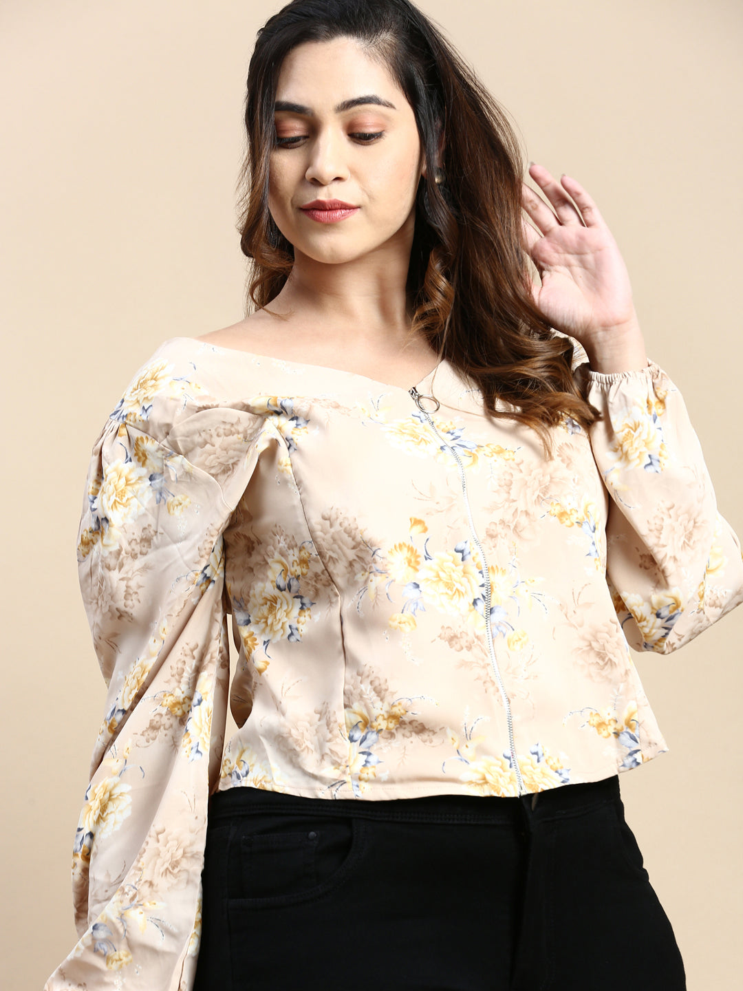 Women Floral Beige Top