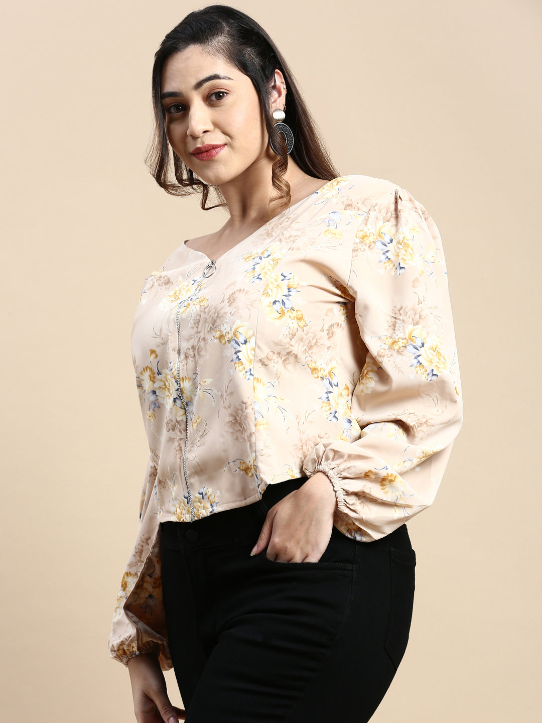 Women Floral Beige Top