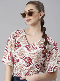 Women's Maroon Abstract Printed Flared Sleeve Blouson Crop Top