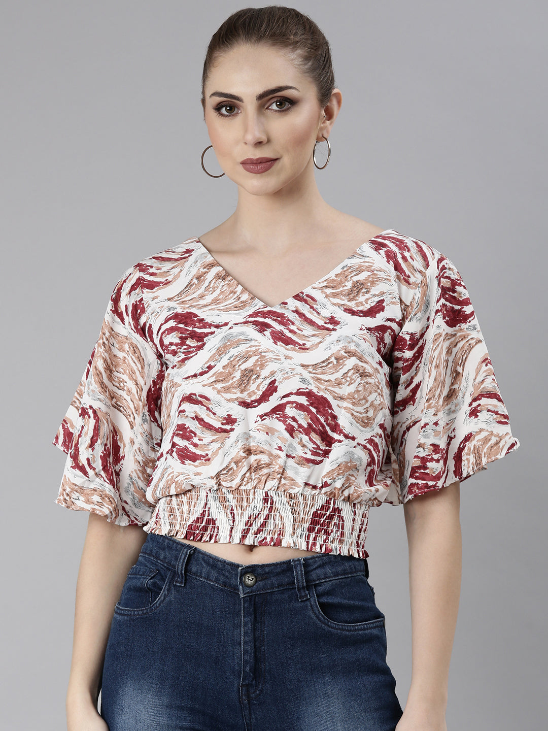 Women Maroon Abstract Blouson Crop Top