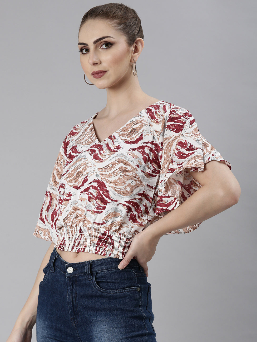 Women Maroon Abstract Blouson Crop Top