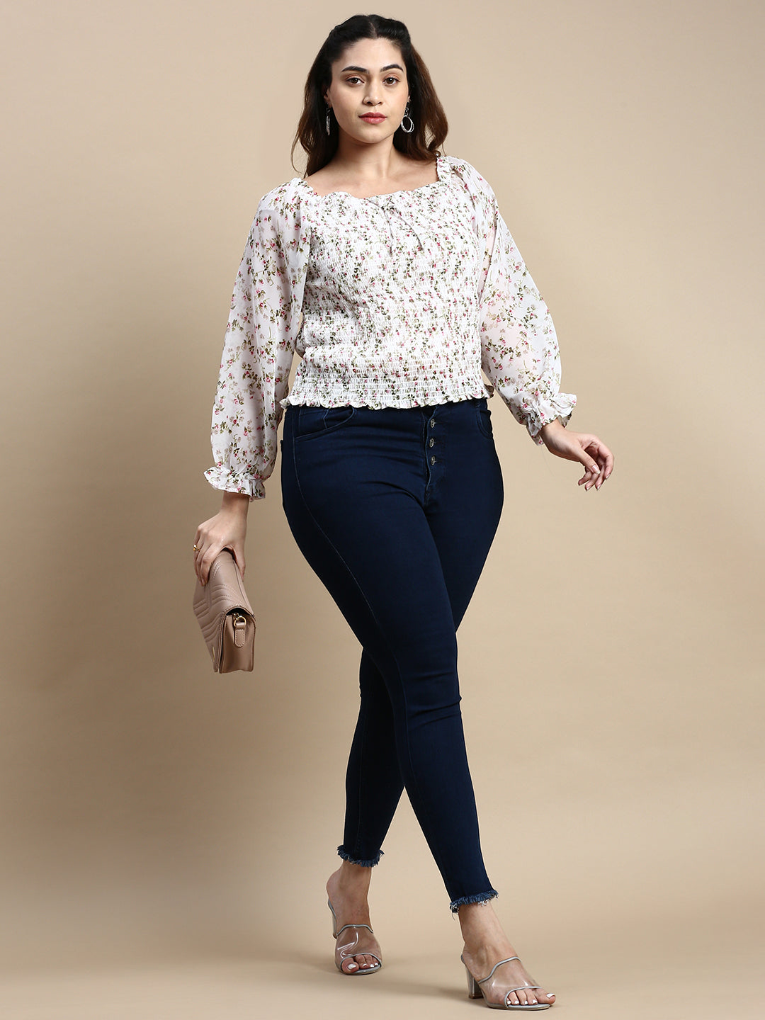 Women Square Floral White Top