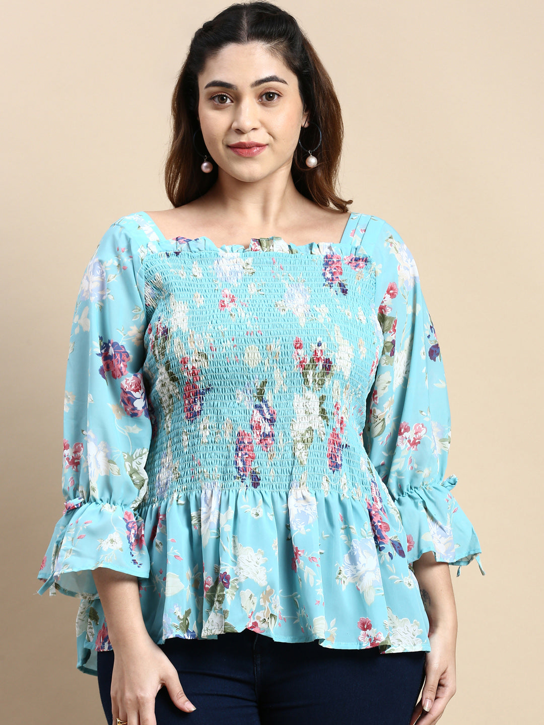 Women Floral Turquoise Blue Top