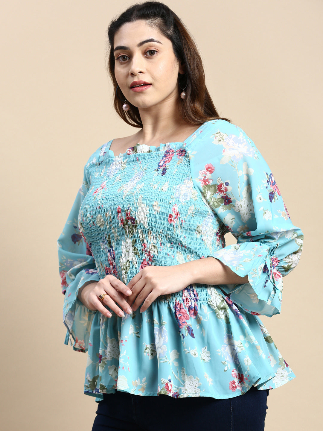 Women Floral Turquoise Blue Top