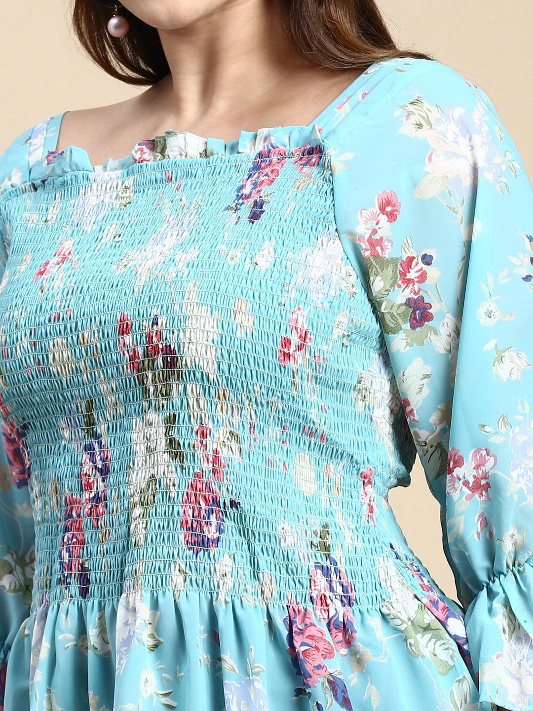 Women Floral Turquoise Blue Top