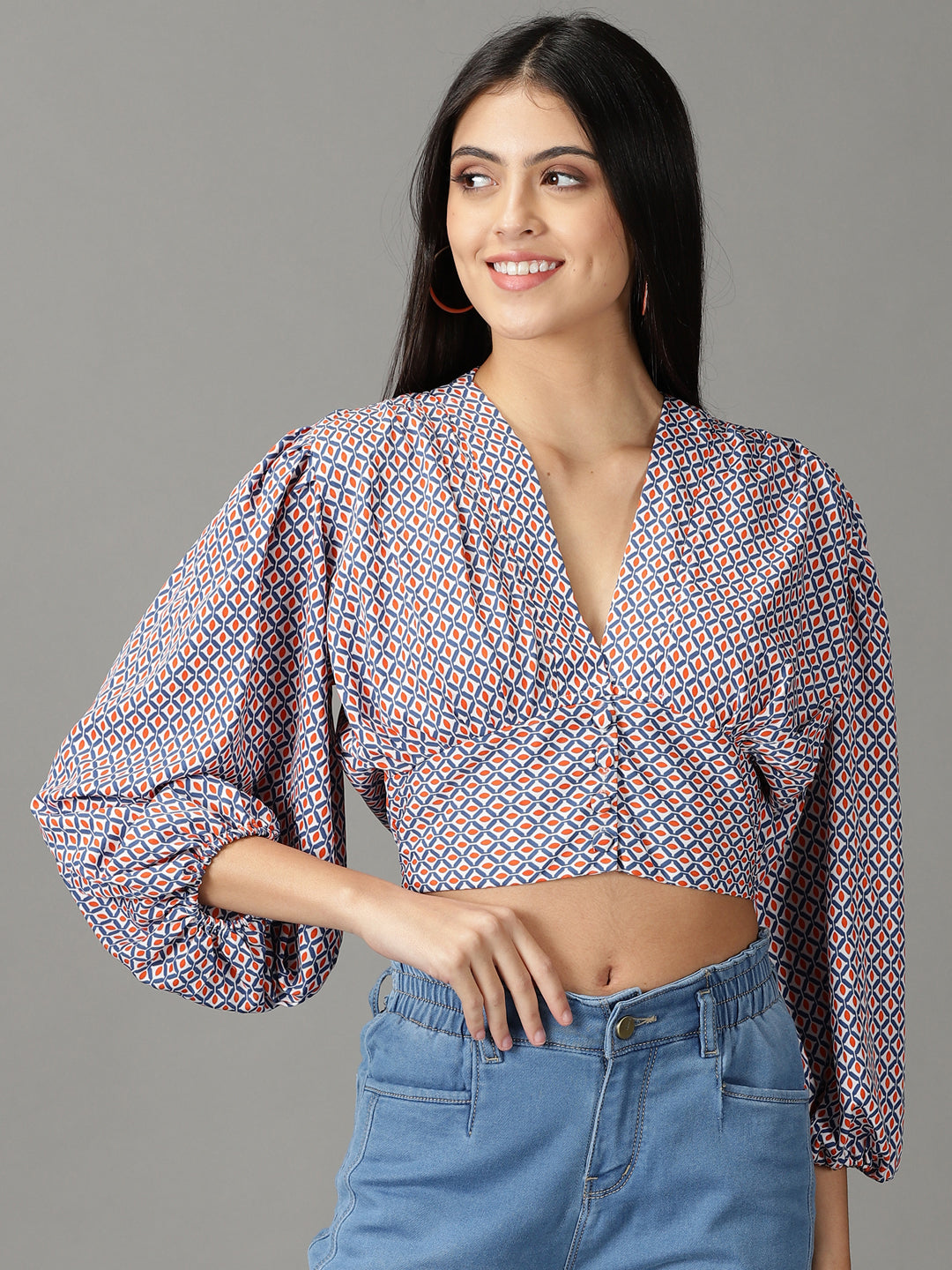 Women V-Neck Printed Navy Blue Cinched Waist Top