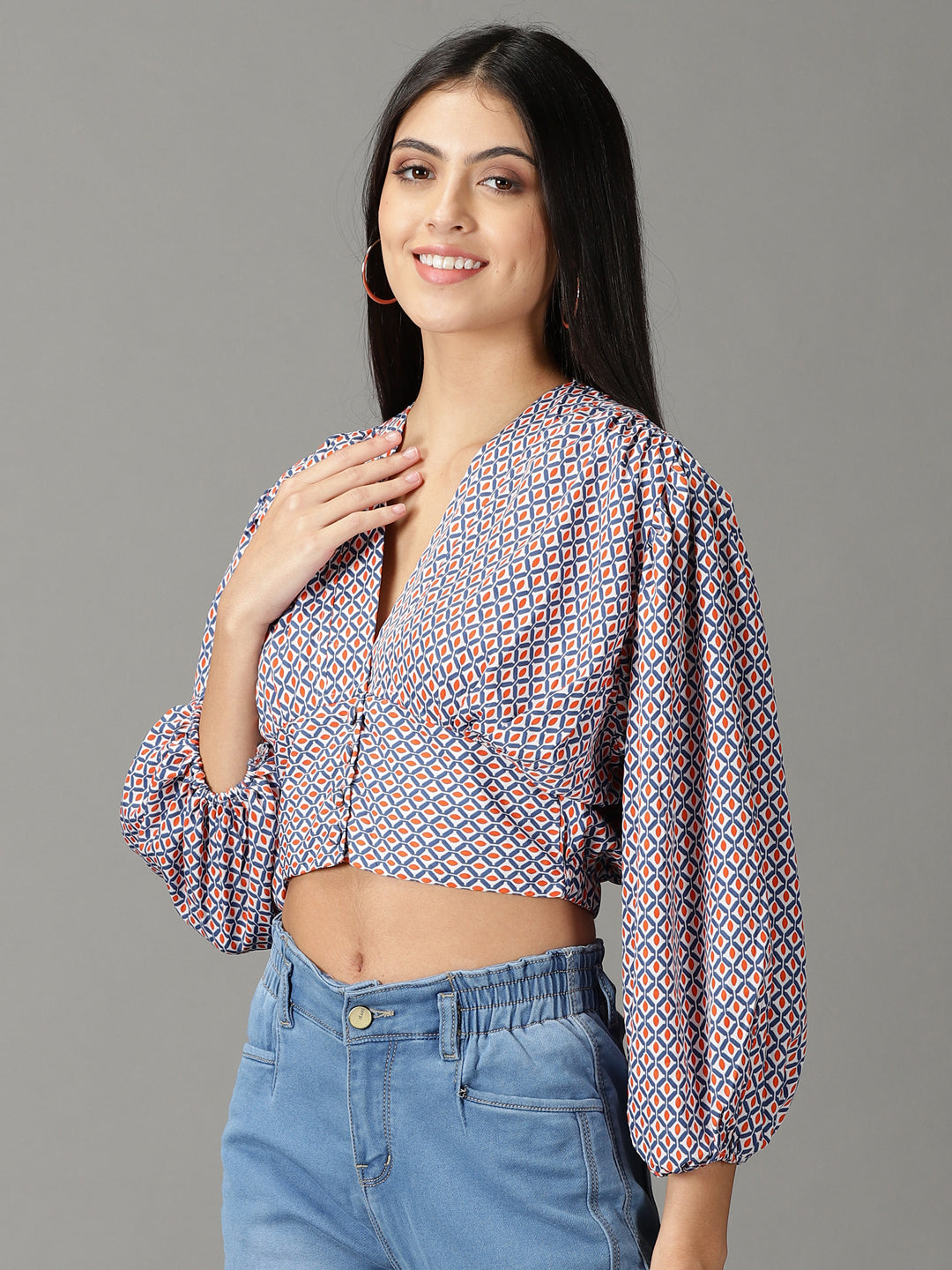 Women V-Neck Printed Navy Blue Cinched Waist Top