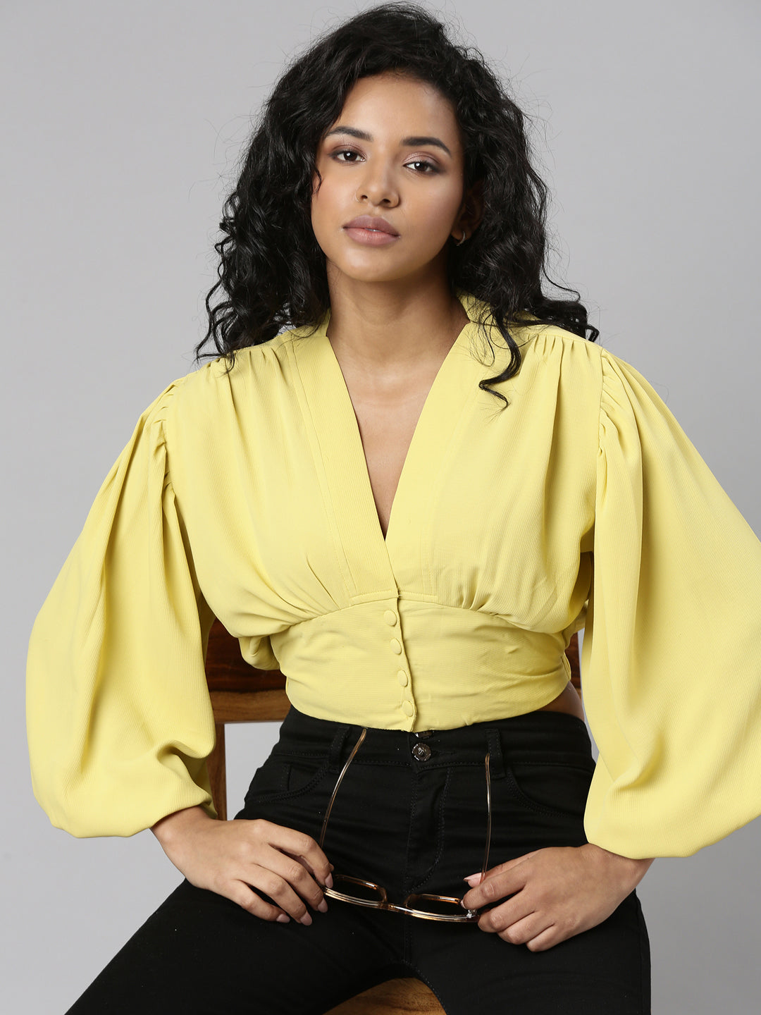 Women Yellow Solid Blouson Crop Top