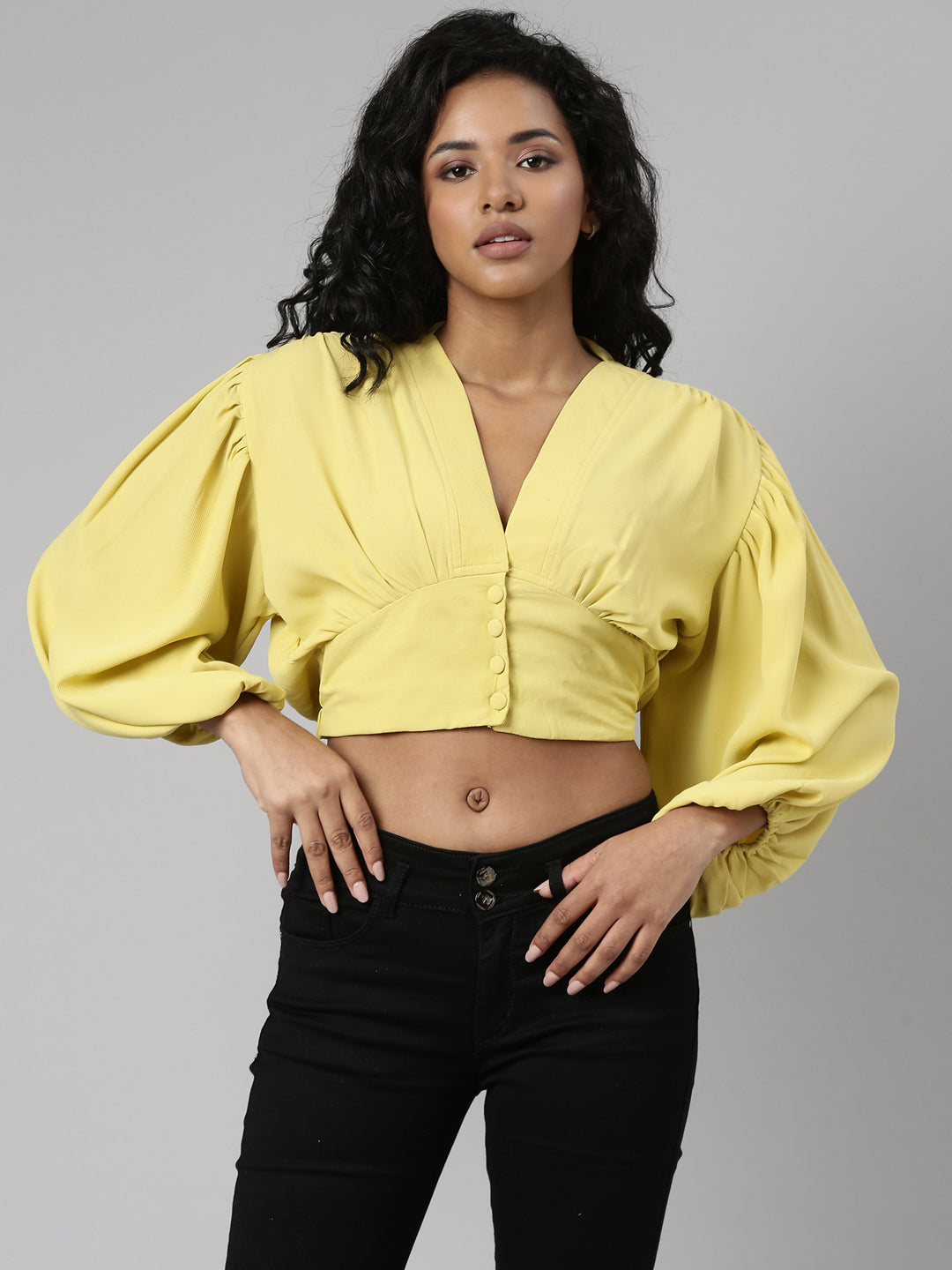 Women Yellow Solid Blouson Crop Top