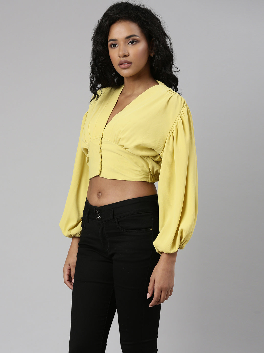 Women Yellow Solid Blouson Crop Top