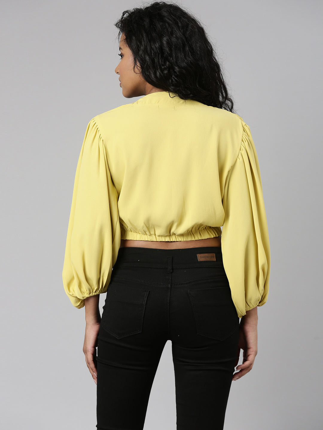 Women Yellow Solid Blouson Crop Top