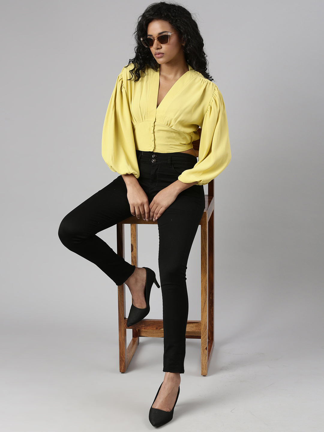 Women Yellow Solid Blouson Crop Top