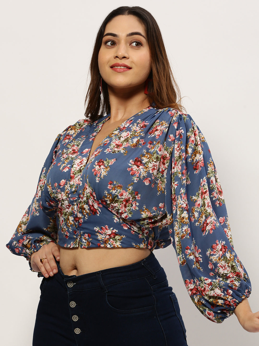 Women Floral Blue Crop Top