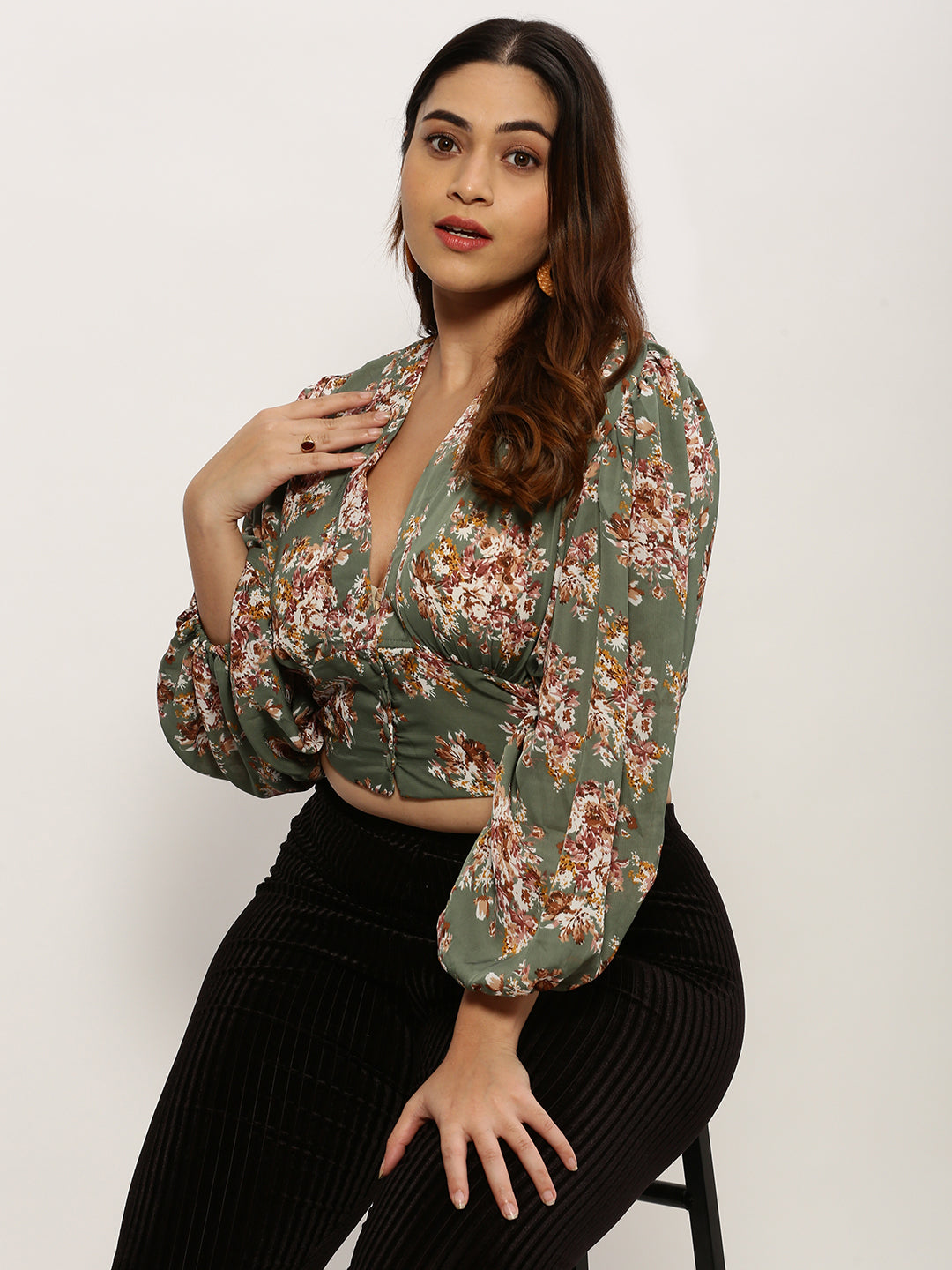 Women Floral Olive Crop Top