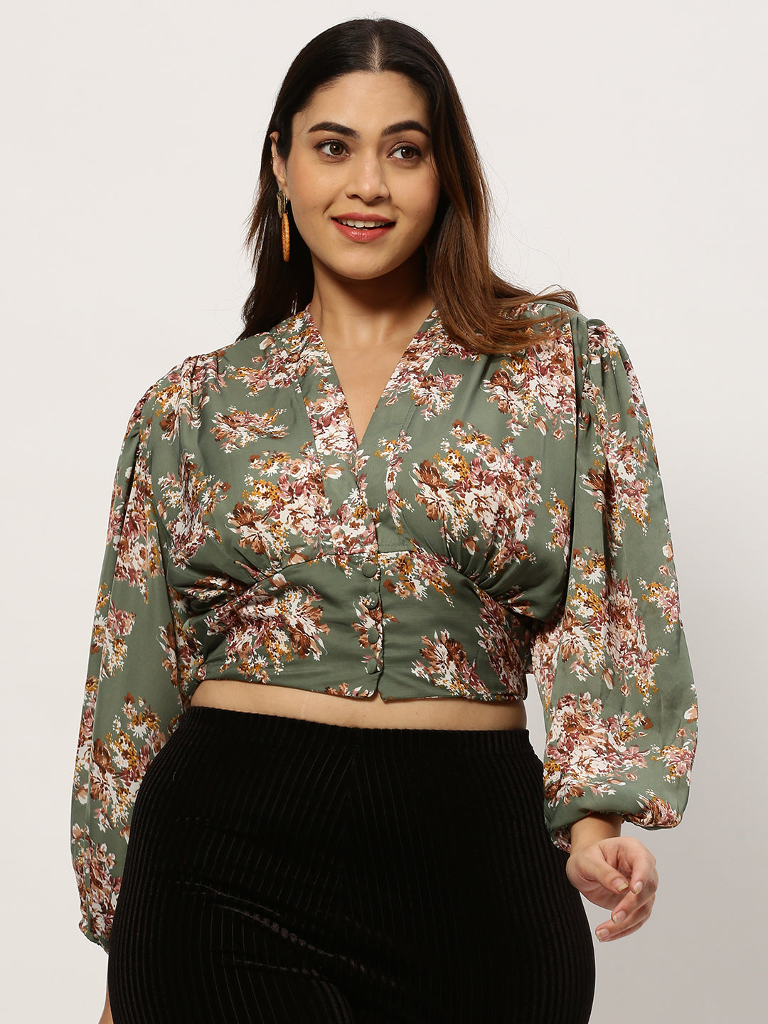 Women Floral Olive Crop Top