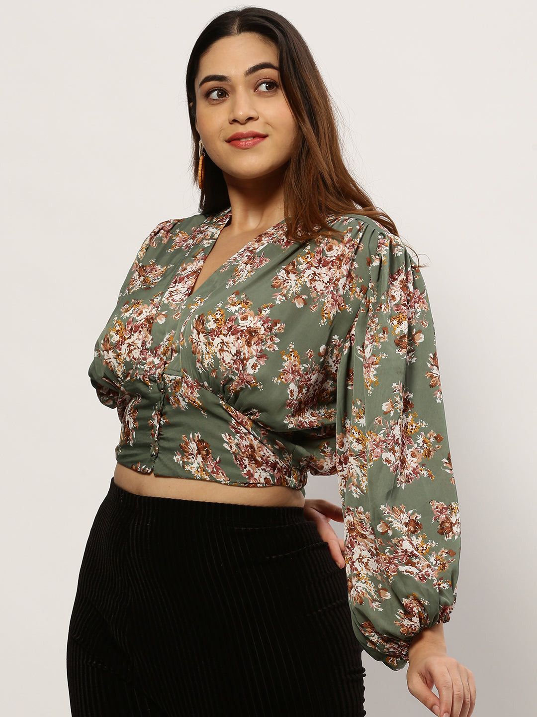 Women Floral Olive Crop Top