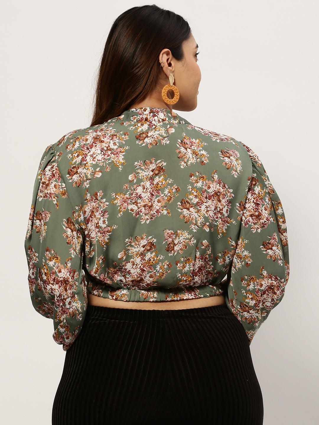 Women Floral Olive Crop Top