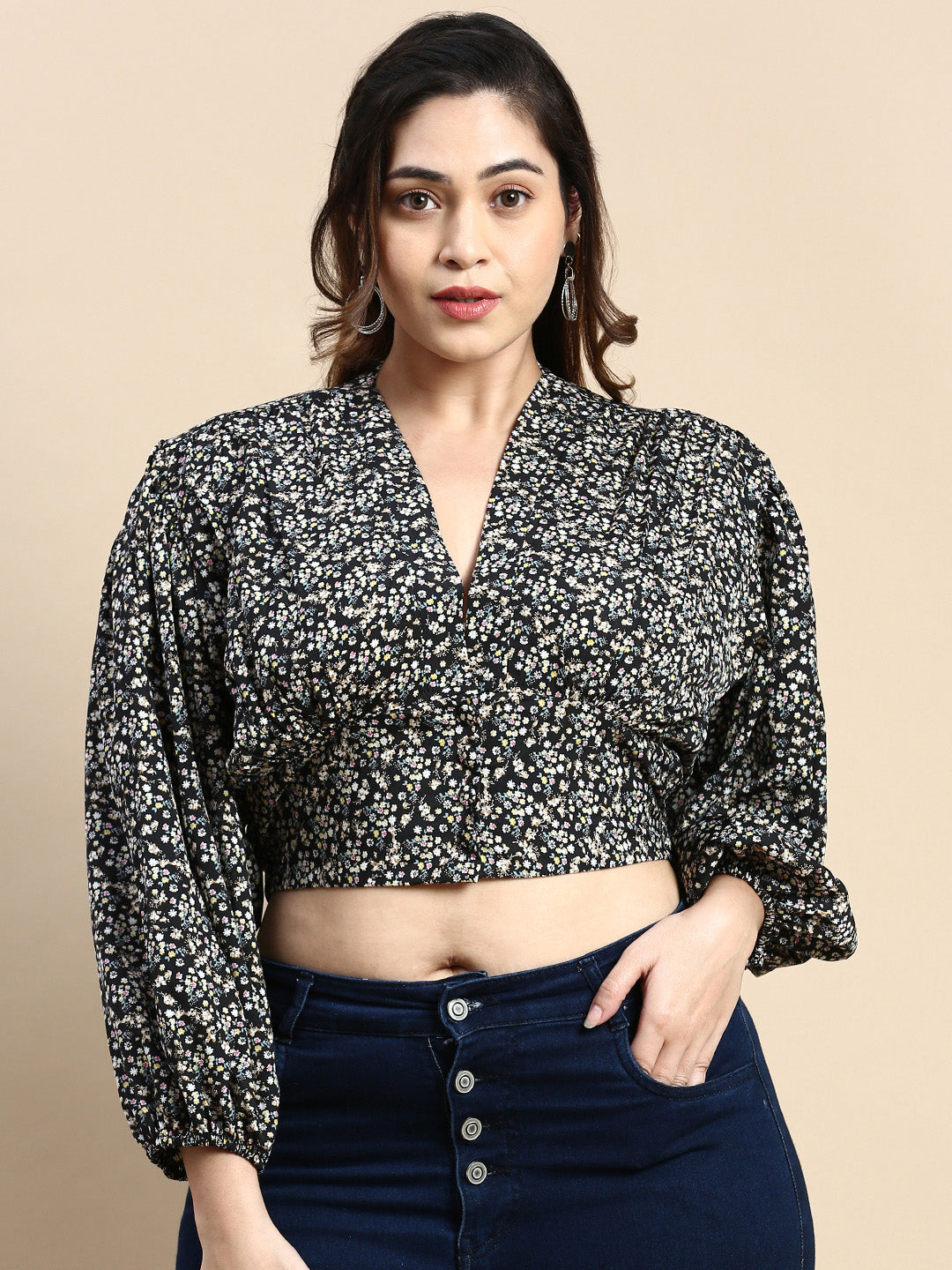 Women Floral Black Crop Top