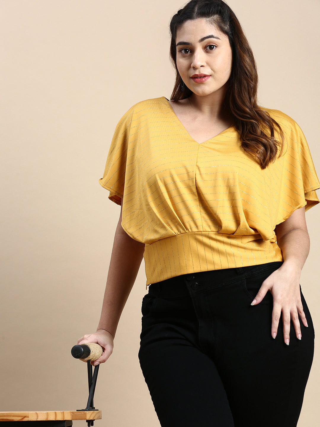 Women Horizontal Stripes Mustard Top