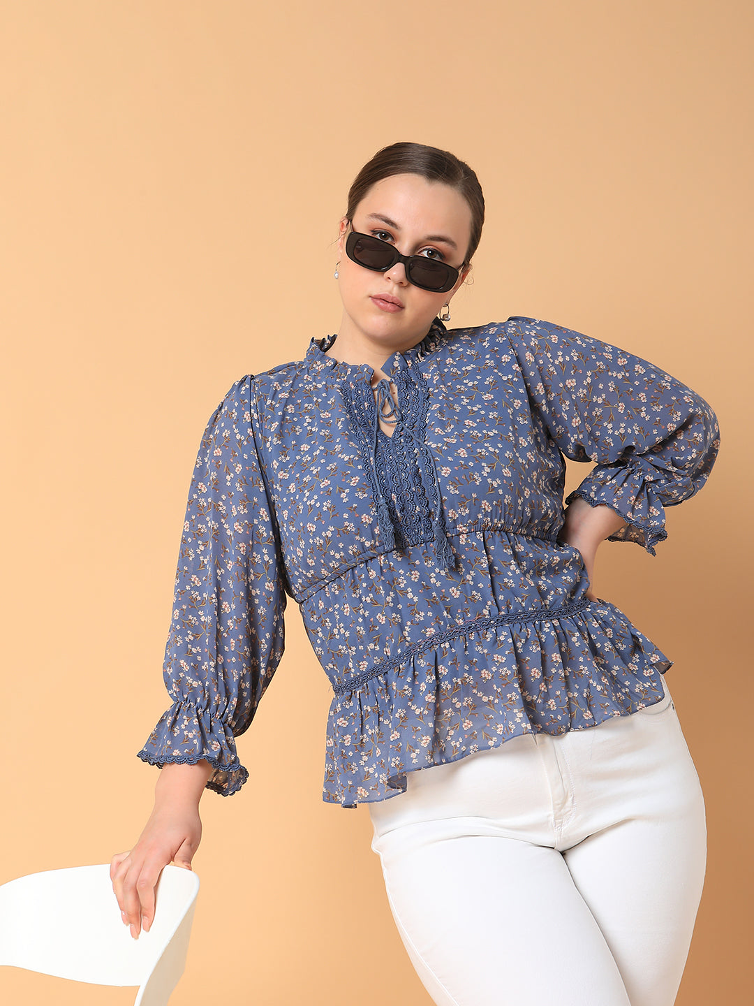 Women Floral Empire Blue Top