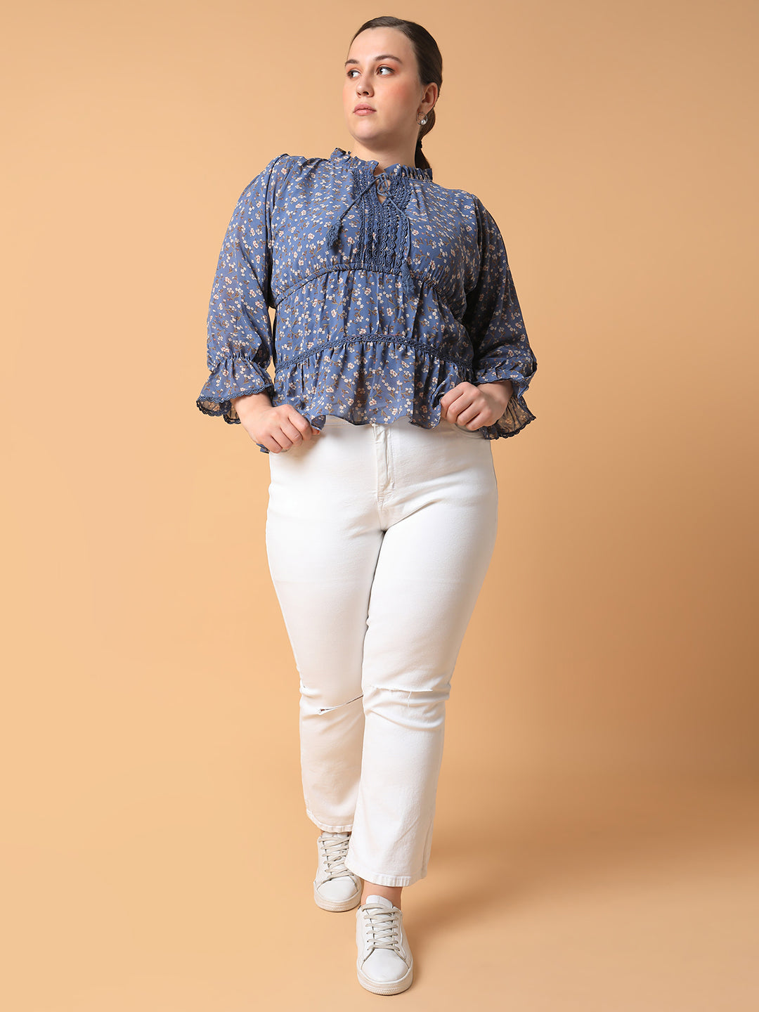 Women Floral Empire Blue Top