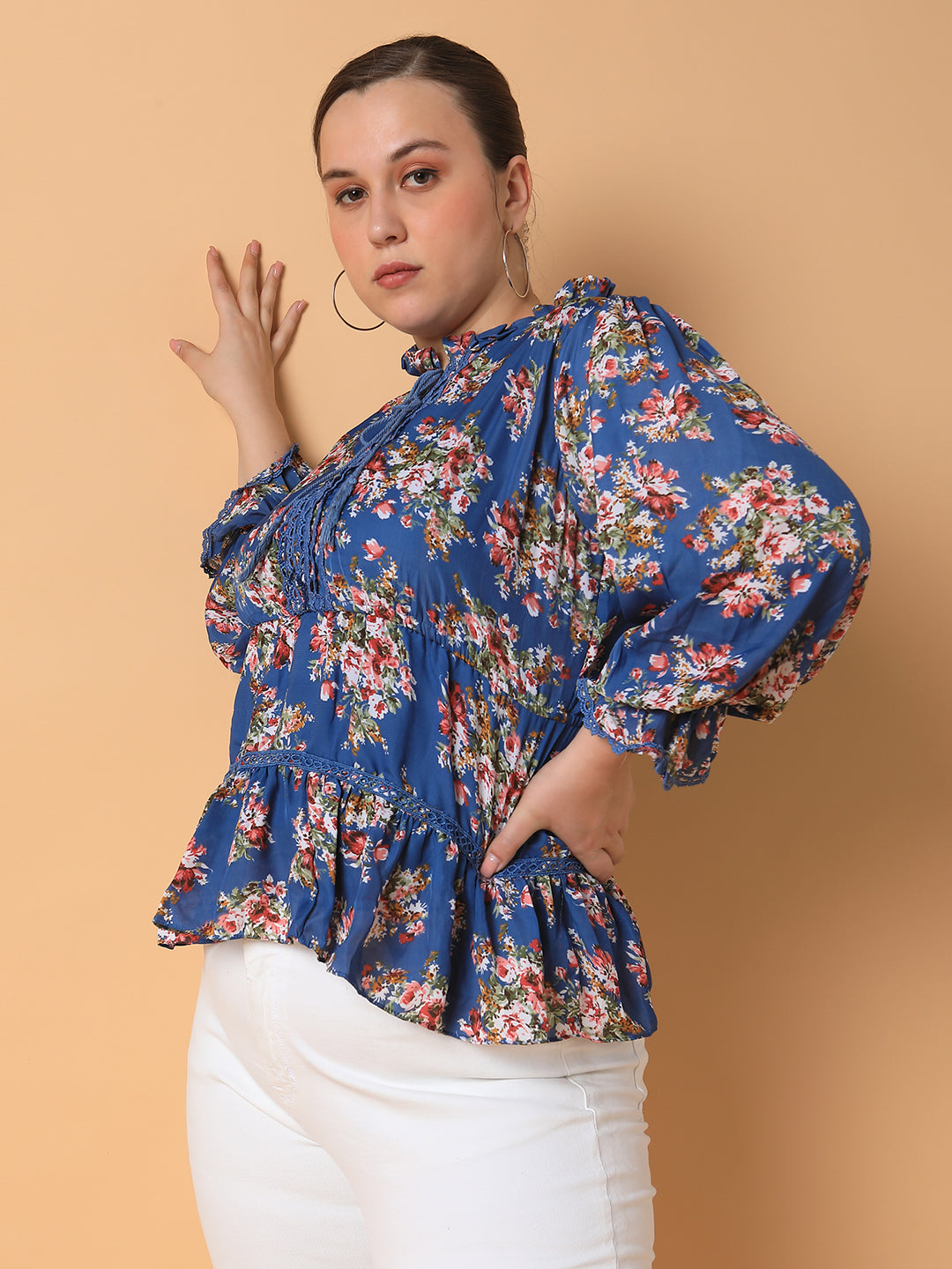 Women Floral Empire Blue Top