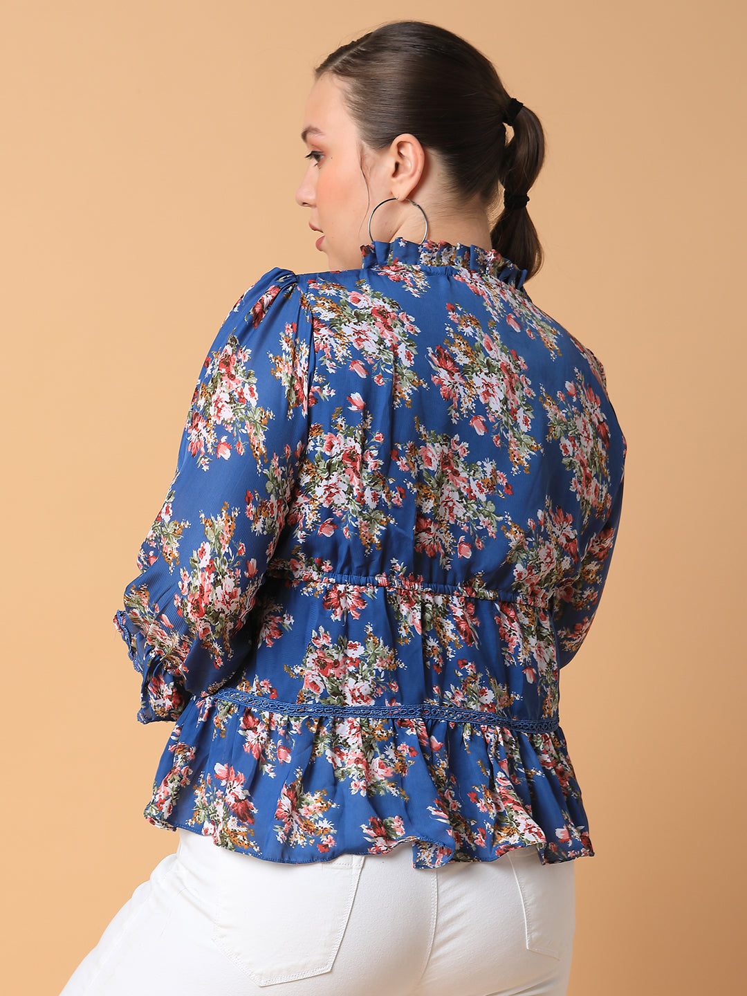 Women Floral Empire Blue Top