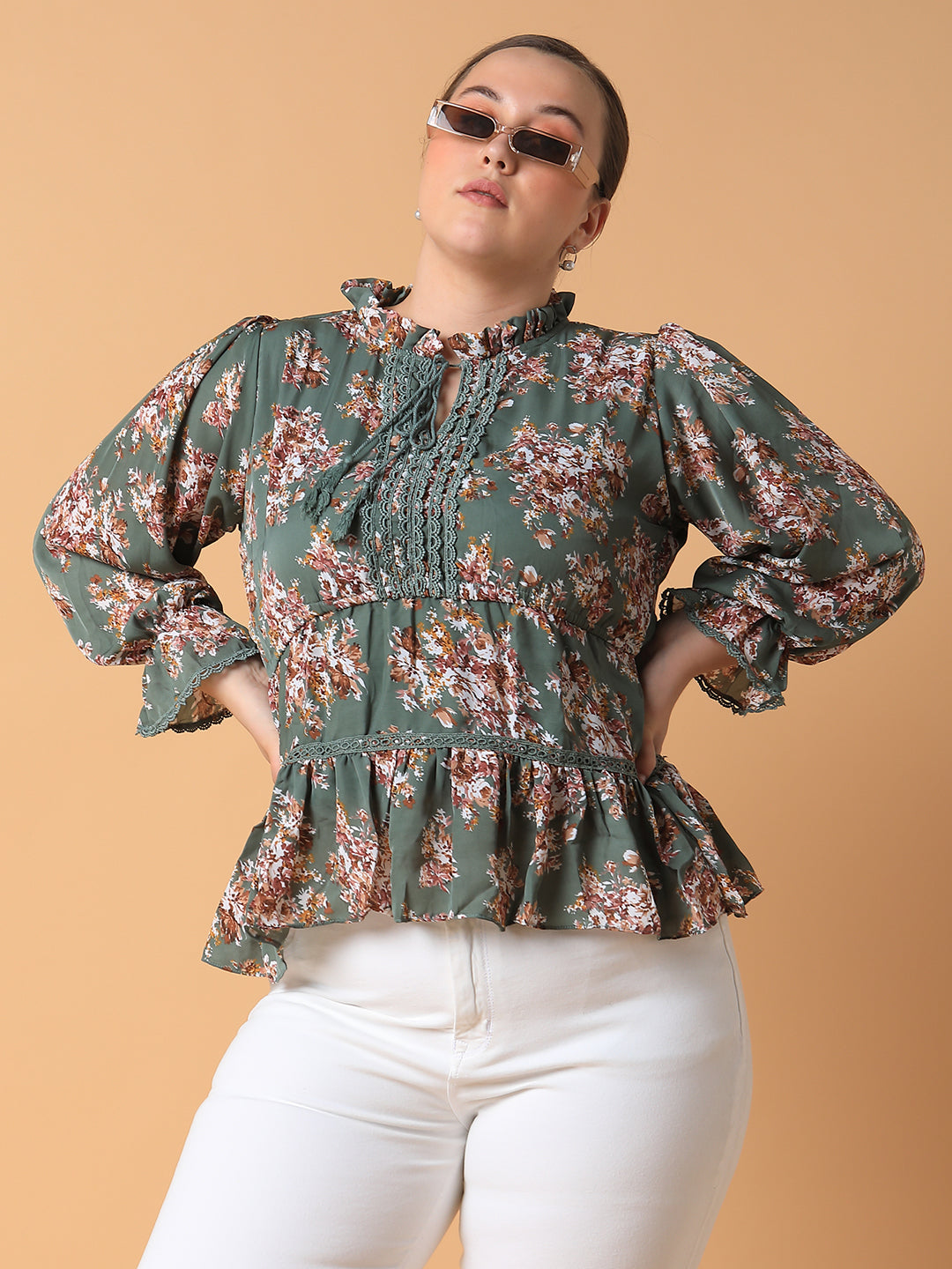 Women Floral Empire Olive Top