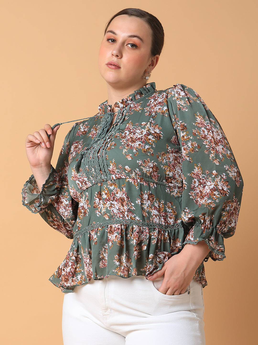 Women Floral Empire Olive Top