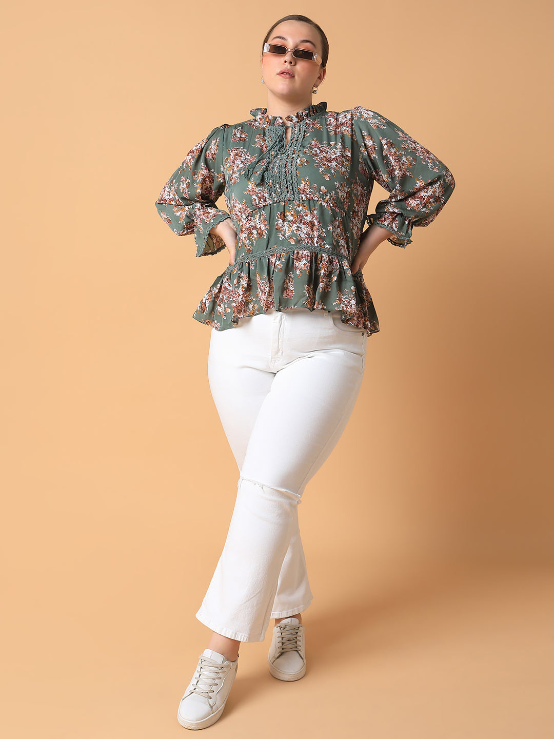 Women Floral Empire Olive Top