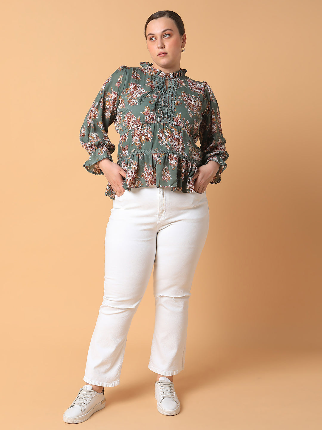 Women Floral Empire Olive Top