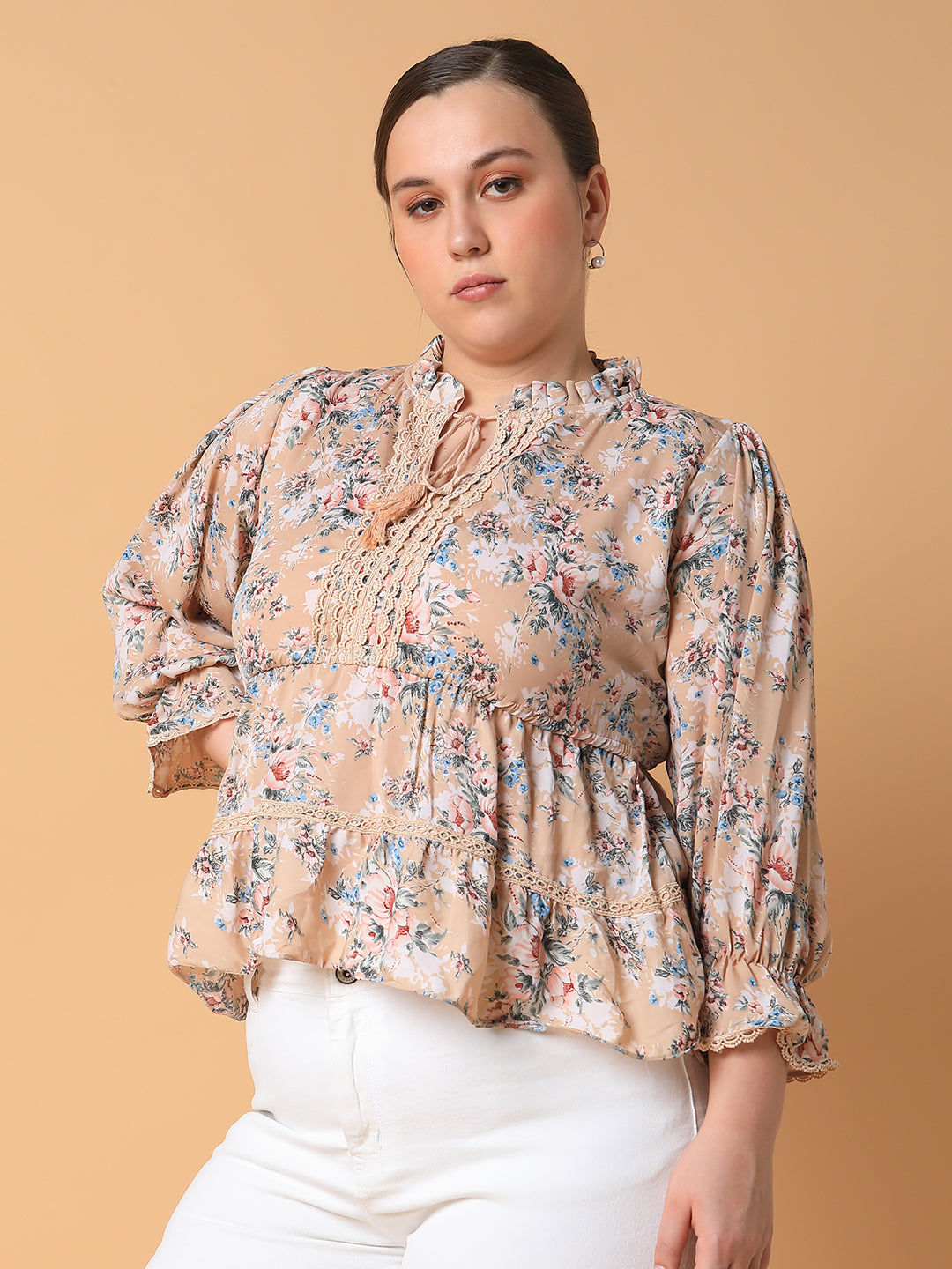 Women Floral Empire Beige Top